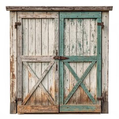 Old weathered wooden barn door with faded paint, rough texture, and vintage charm, isolated on transparent background, perfect for design elements.