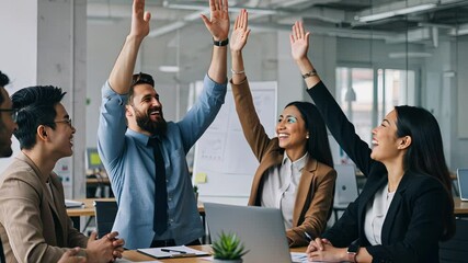 Diverse business team, high five success celebration clip. Asian women, caucasian man, multiethnic overjoyed group celebrating achievements video footage.