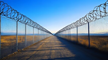 Barbed wire fences line a deserted road.