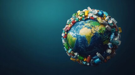 Fototapeta premium Earth made of recyclable items such as bottles, cans, and paper, creative globe concept with text area