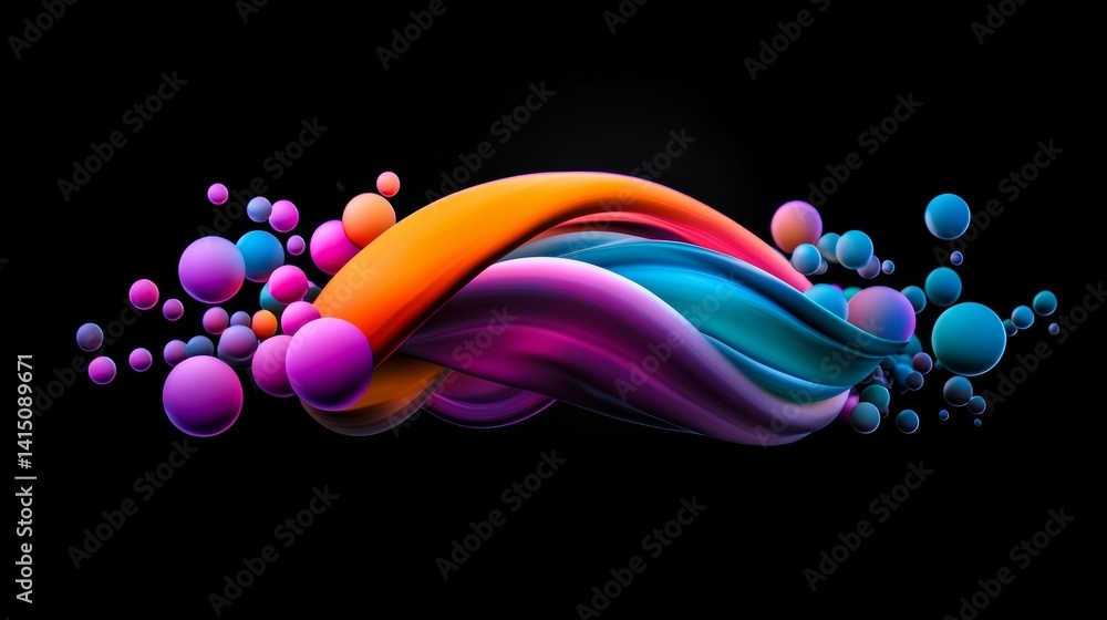 Poster colorful swirl of spheres on a black background. the spheres are of different colors and sizes, crea