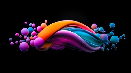 Colorful swirl of spheres on a black background. The spheres are of different colors and sizes, creating a dynamic and visually interesting composition. Concept of movement and energy