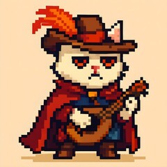 Fototapeta premium Stern Bard Cat Pixel Art – Gloomy Fantasy Musician