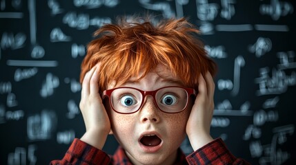 Young boy with red hair and glasses is looking at a blackboard with equations on it. He is in shock or confusion, possibly struggling to understand the math problems