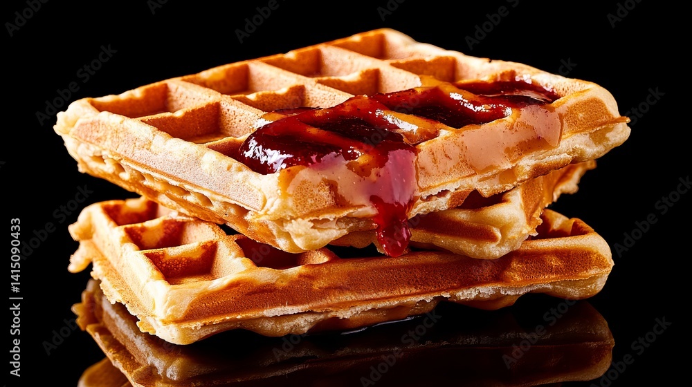 Poster stack of waffles is covered with glossy red jam against a stark black background.