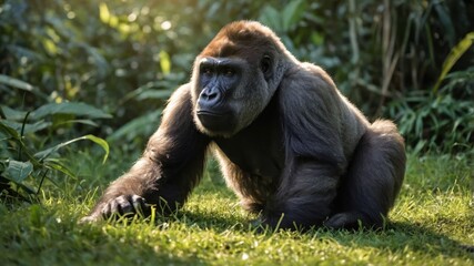 Fototapeta premium Gorilla Walking on Green Grass in Forest Setting