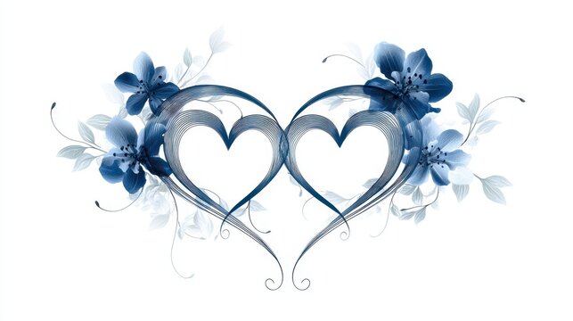 A delicate design showcases two intertwined hearts adorned with blue flowers and graceful swirls. Ideal for romantic themes and celebrations, this artwork evokes love and beauty
