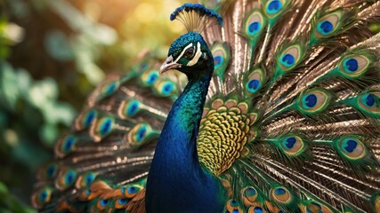 Fototapeta premium Peacock Displaying Feathers in Natural Setting
