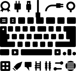 Illustration of Vintage and modern Computer Keyboard and Mouse with USB Cable and various accessory items