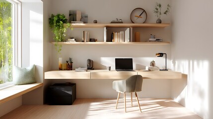 minimal home office with a floating desk, natural light, and houseplants