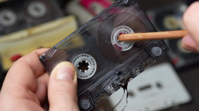 Rewinding magnetic tape in a cassette manually with a pencil, close up. Old methods of rewinding music tapes, vintage style. Man rewind a cassette tape