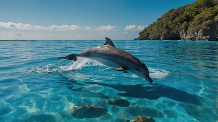 Obraz premium Dolphin Leaping from Crystal Clear Ocean Waters