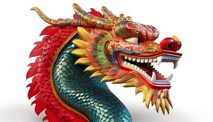 Fototapeta premium Colorful Dragon Head Sculpture with Intricate Patterns and Details Representing Mythical Power and Strength