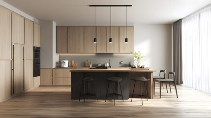 Japandi-style open kitchen with wood cabinets, matte black fixtures, and a central island.