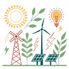 Sustainable Energy Resources Flat Design Illustration With Windmill Sun And Solar Panels