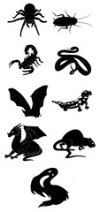 Set of black silhouettes: spider, cockroach, scorpion, snake, bat, salamander, dragon, rat, ghost.