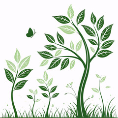 Green Vector Illustration With Trees Grass And Butterfly On White Background