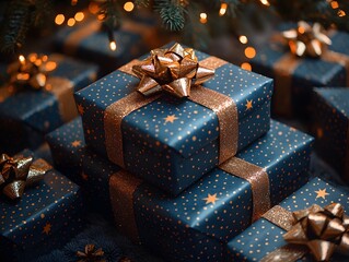 Festive Christmas gifts wrapped in shimmering paper and bows