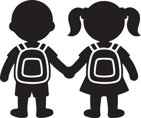  Silhouettes of students holding hands, symbolizing friendship and cooperation, with backpacks. Ideal for projects focusing on education, teamwork, and childhood bonding.