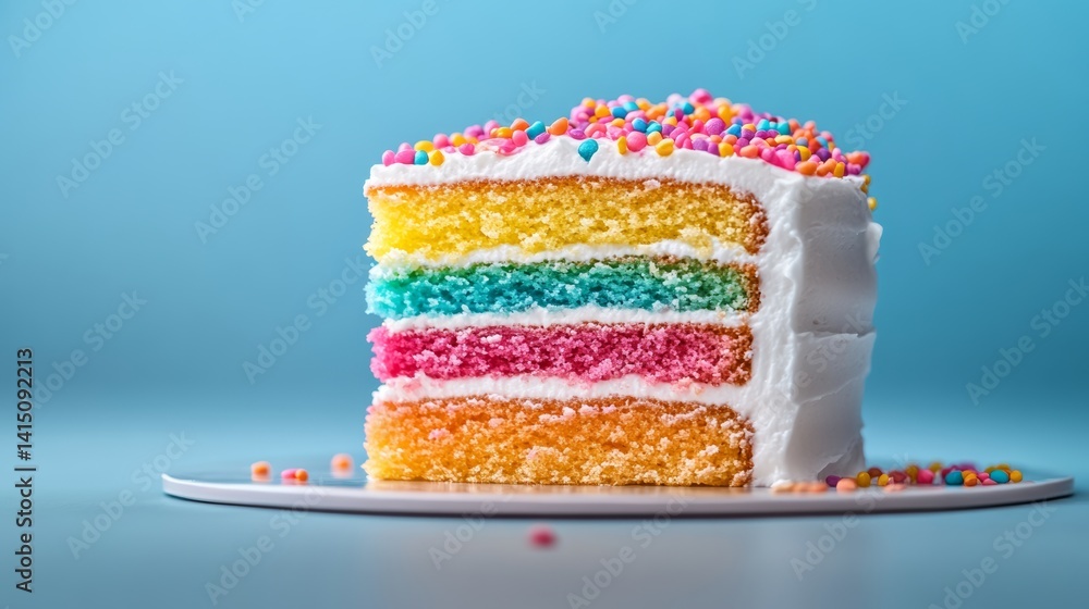 Poster slice of multi-colored cake with sprinkles on top. the cake is cut into four pieces, each with a dif