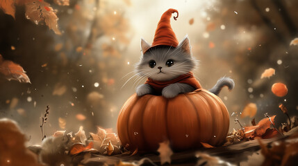 kitten with pumpkin