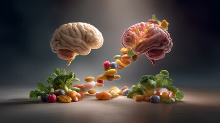 Artistic medical illustration showing aging brain on left and healthy youthful brain on right connected by floating choline rich foods forming DNA helix symbolizing brain longevity
