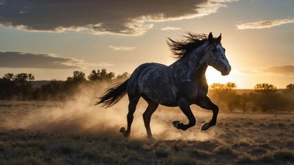 Fototapeta premium Running Horse at Sunset in Grassy Field