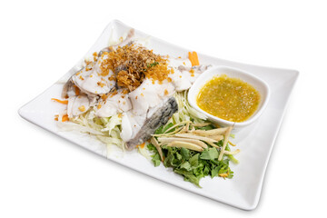 Top view of Steam Red Snapper fillet with seafood spicy dipping , focus selective