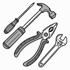 Hand Tools Illustration Hammer Screwdriver Pliers And Adjustable Wrench On White