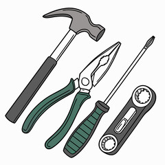 Hand Tools Set Featuring Hammer Pliers Screwdriver And Wrench Cartoon Illustration