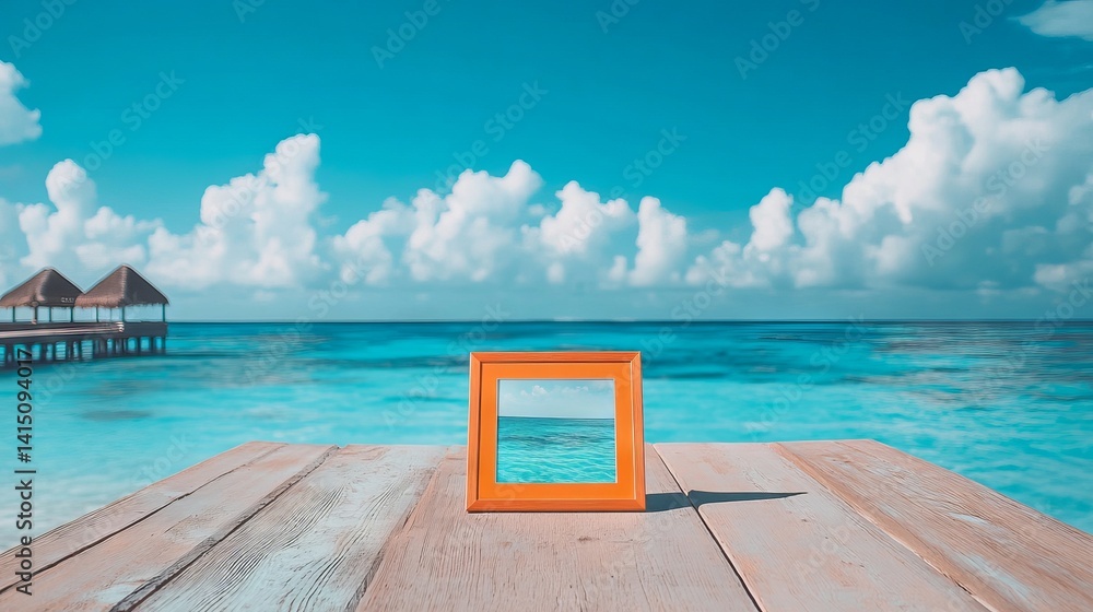 Aufkleber A colorful polaroid frame sits on a wooden table, perfectly aligned with the turquoise ocean behind it. Fluffy clouds drift lazily across the sky, adding allure to this tranquil coastal setting