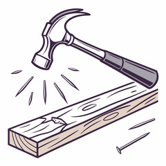 Hammering Nail Into Wood Vector Illustration For Carpentry And Construction