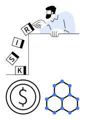 Man removes blocks spelling RISK, dollar sign symbolizing finance, network symbolizing connections or systems. Ideal for risk management, investments, finance, strategy, problem-solving