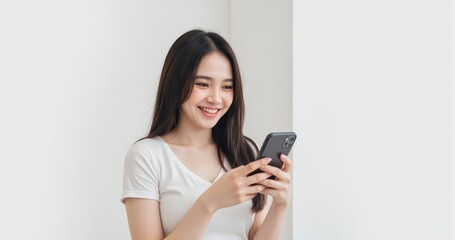 Stylish Gen Z woman engaged with smartphone in clean white background, perfect for digital ad campaigns

