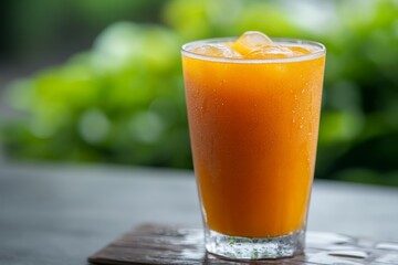 Fototapeta premium Refreshing Orange Drink with Ice Cubes in a Clear Glass on a Green Background