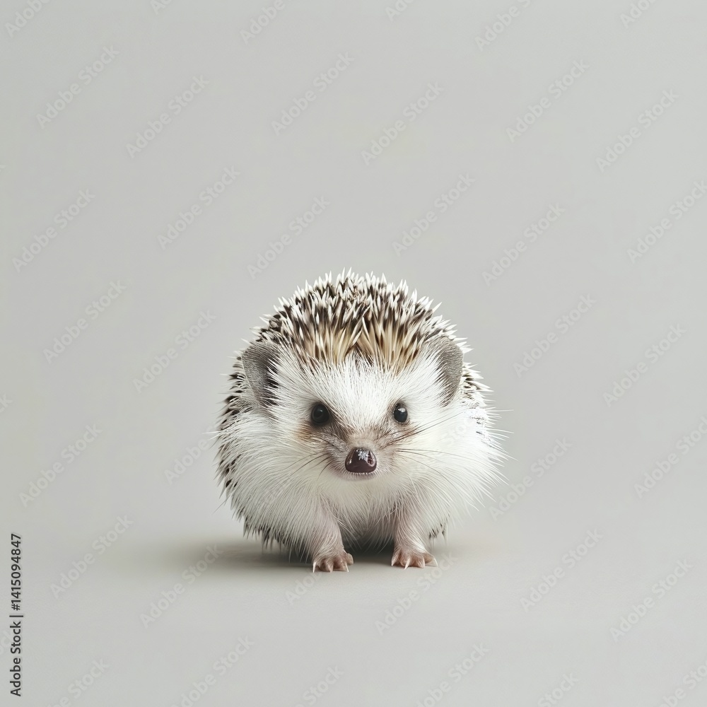 Poster a cute hedgehog with soft fur and distinctive spines, standing on a smooth surface with neutral back