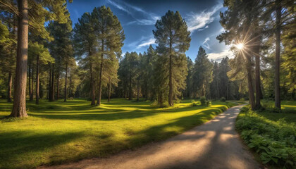 Obraz premium Sunlight shining through trees in a forest with a path leading through the greenery and blue sky above