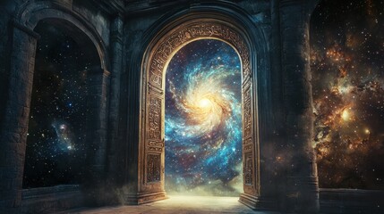 Naklejka premium An ornate stone doorway reveals a captivating galaxy filled with swirling stars and cosmic dust. The luminous scene contrasts with the ancient stone structure, creating a magical ambiance