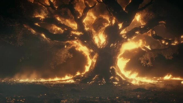 Burning tree stock video. Apocalyptic fiery oak tree footage. Natural disaster in inferno flame motion picture. Forest fire, wildfire spreading.