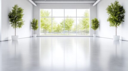 Fototapeta premium Modern, bright, empty office space with large windows and potted trees