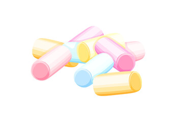 A heap of soft chewy marshmallows in a cartoon style.Vector illustration of marshmallows in yellow,blue,white,pink colors isolated on a white background.Marshmallows for desserts,cocoa, hot chocolate.