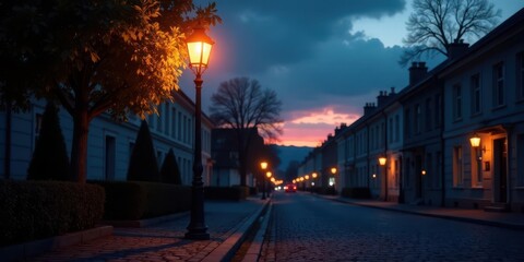 Fototapeta premium Serene Twilight on a Cobblestone Street with Glowing Lampposts and Lush Greenery