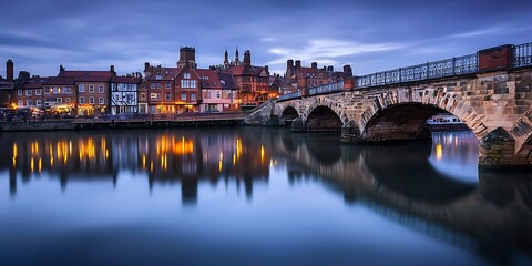 Naklejka premium Picturesque Evening View of Old Stone Bridge and Town Reflections