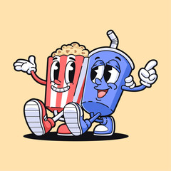 vintage cartoon characters pop corn and drinks