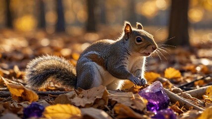 Squirrel Eating Purple Gemstone in Autumn Leaves