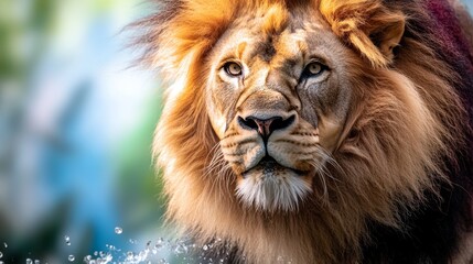 Fototapeta premium Lion with a long mane and a big nose is looking at the camera. The lion is in a natural setting, surrounded by trees and water. Concept of majesty and power