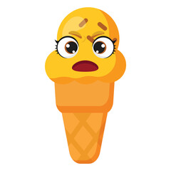 Shocked yellow cone ice cream with wide open eyes and mouth, isolated on white background, perfect for expressive food characters, kids illustrations and dramatic summer designs