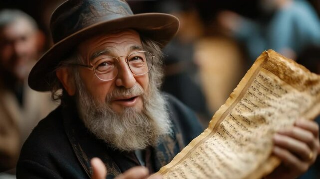 Wise Scholar: An aged scholar, his face etched with wisdom, holds a scroll, engrossed in its ancient script, reflecting the deep study and the rich historical essence.