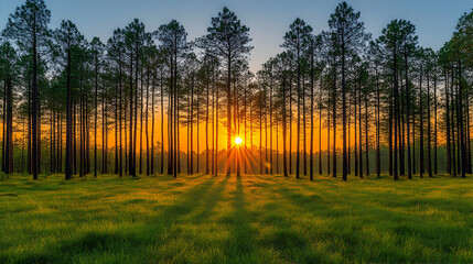 Obraz premium Sun rays stream through a forest of tall trees with green grass creating a serene landscape