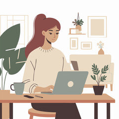 Flat vector of a young man working on a laptop at home. Minimal, clean design with solid colors. Ideal for freelance, remote work, or productivity content.